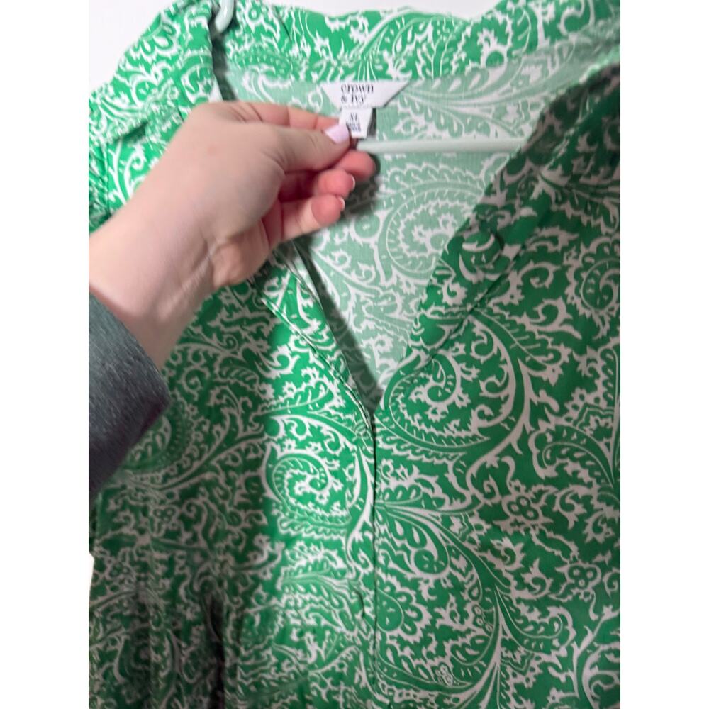 Crown & Ivy Green White Grand Millennial Ruffle Tiered Midi Dress Women's XL - Picture 5 of 7